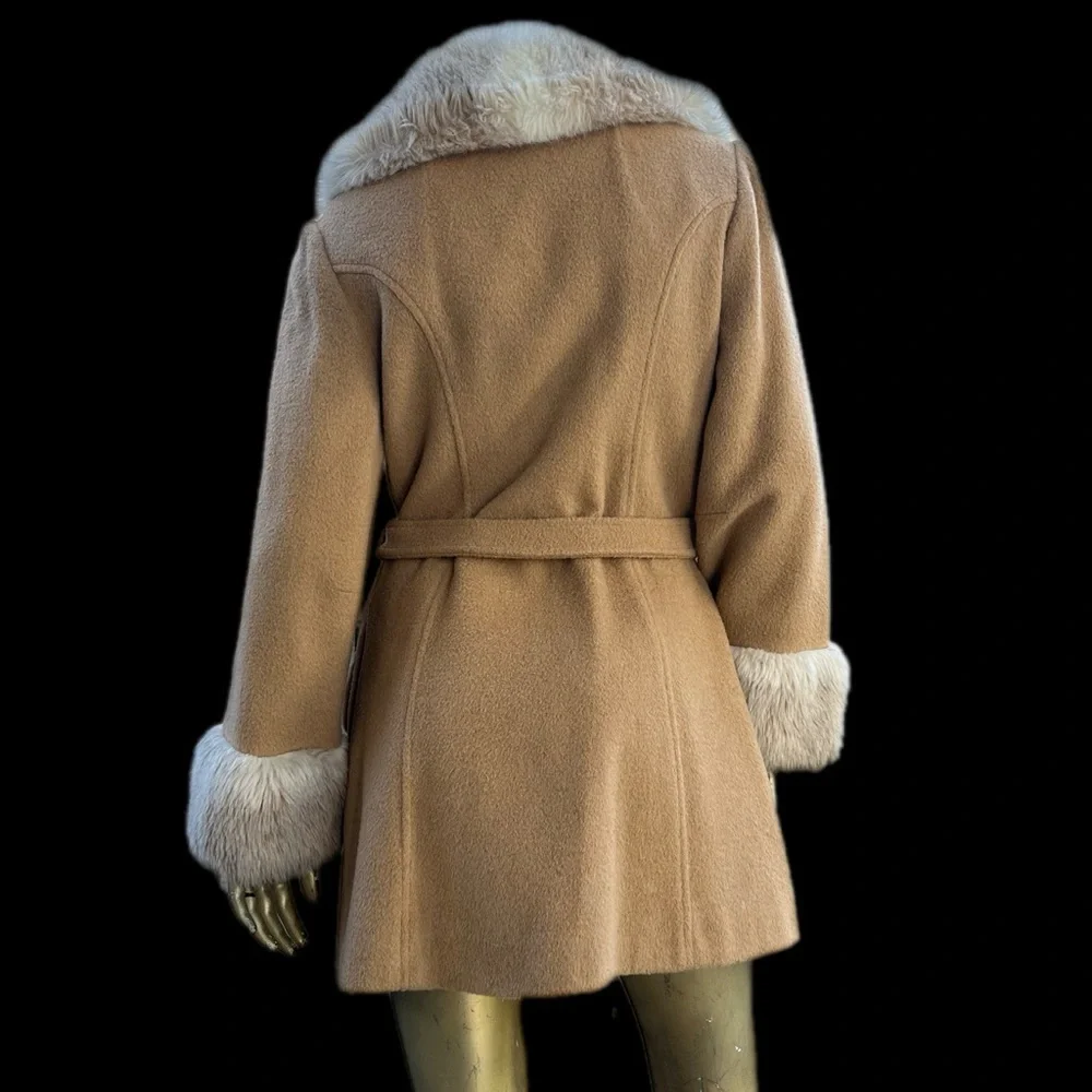 Vintage wool & faux fur collar double-breasted belted coat penny lane style, 14 - Picture 3 of 11